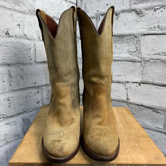 Frye Vintage Suede Western Cowboy Boots 7 Tan Distressed Heel Boho Cowgirl USA - Picture 2 of 16